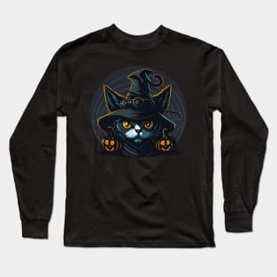 Scary Black Cat Witch Long Sleeve T-Shirt